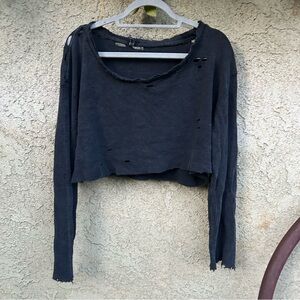 Emma & Sam Black Distressed Thermal Long Sleeve Crop Top, Grunge Streetwear